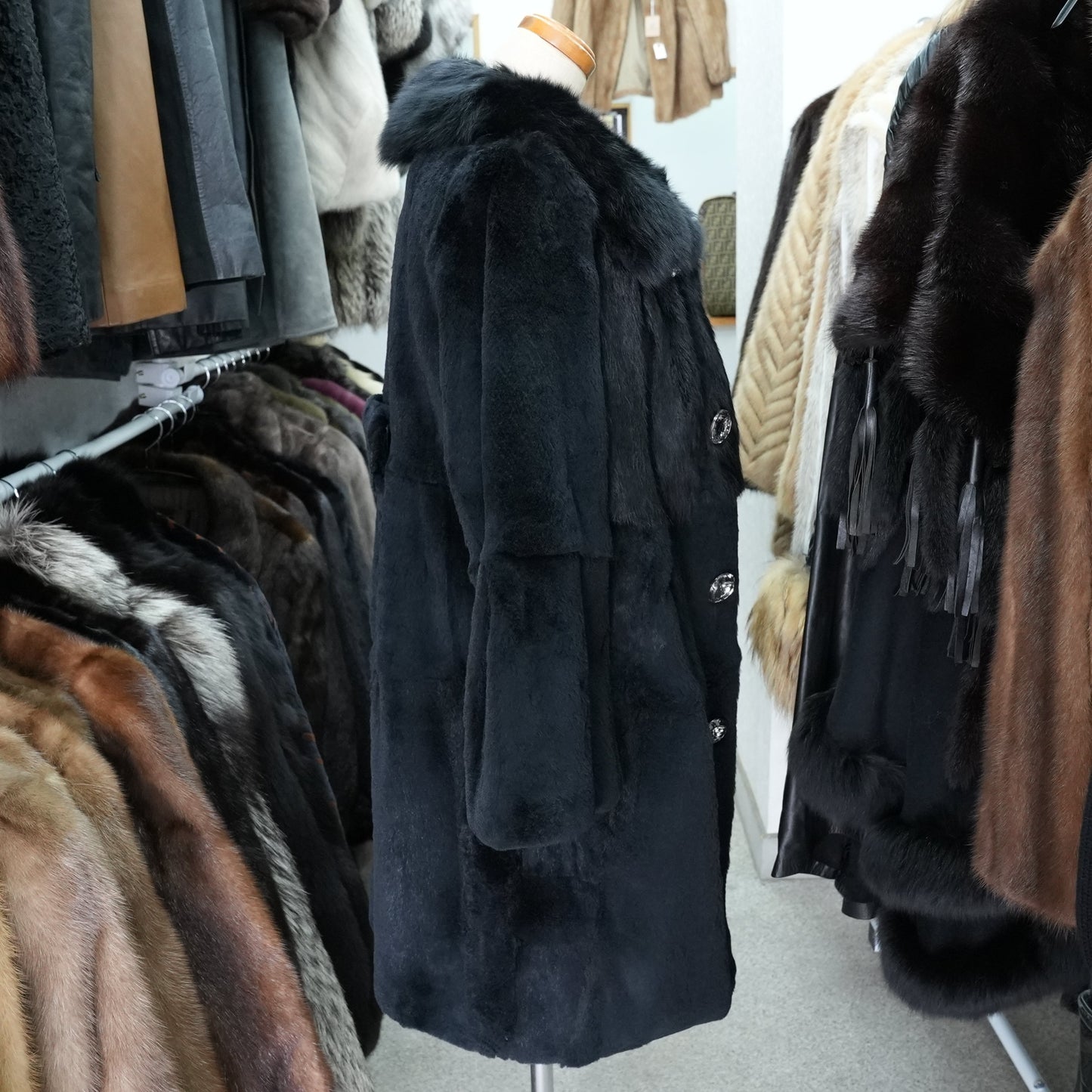 Rex rabbit Black Dyed Coat - Genuine Vintage Fur From Japan