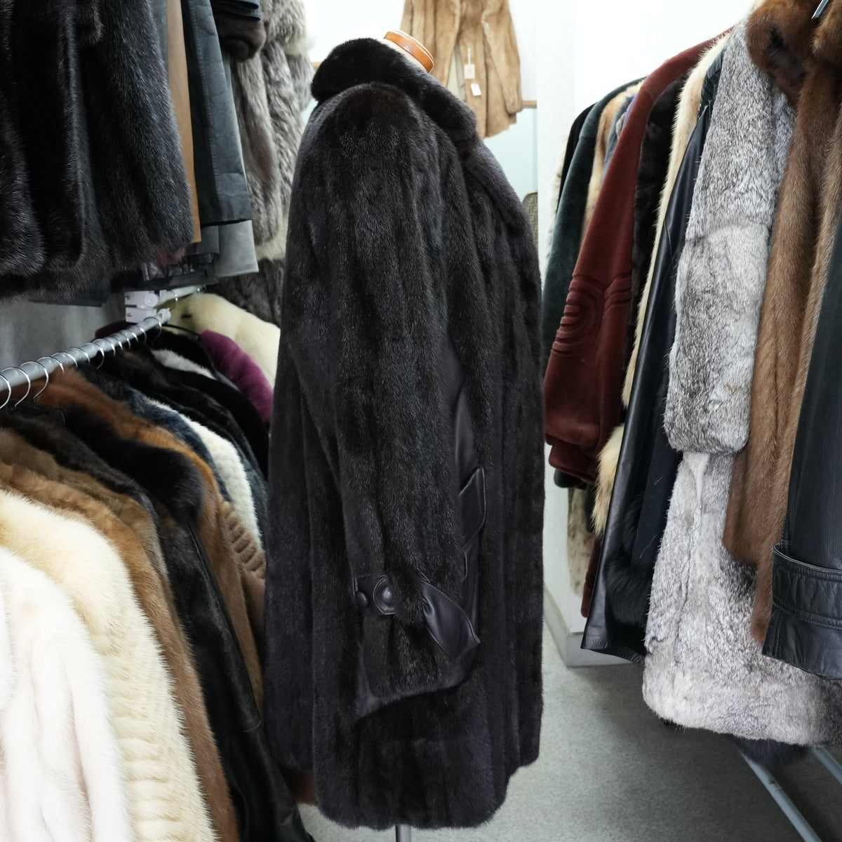 Dark Mink Fur and Leather Panel Coat- Genuine Vintage Fur From Japan