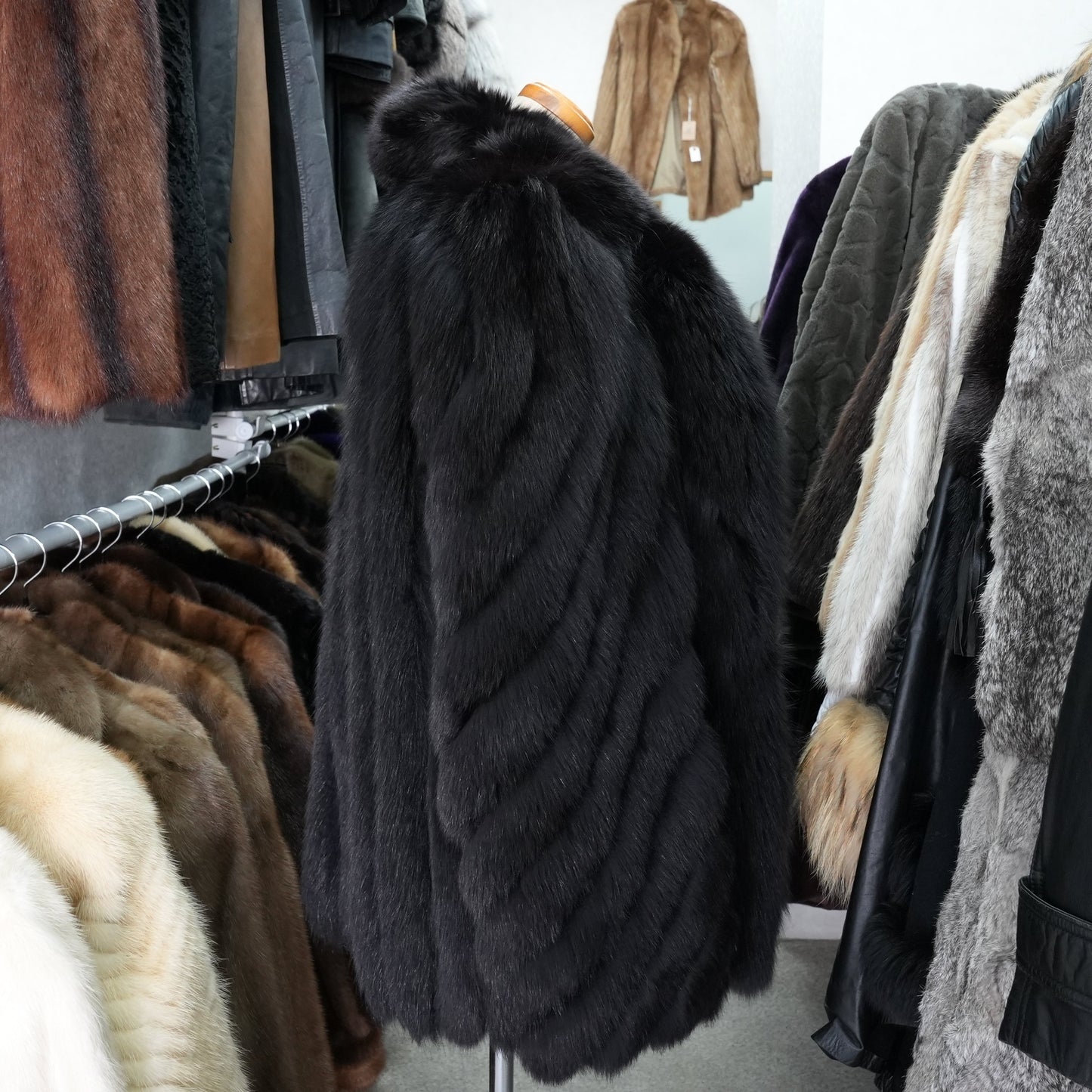 Black Dyed Fox Fur Coat ROTINY - Genuine Vintage Fur From Japan
