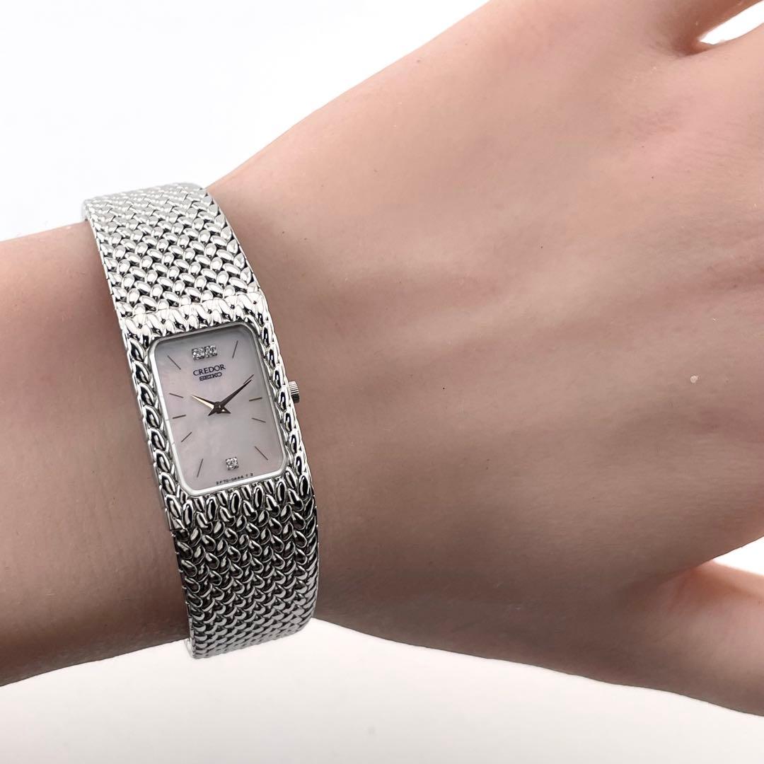 SEIKO CREDOR 方形手表 — 石英，银色，女式