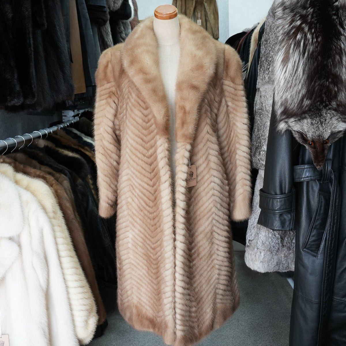 Pastel Mink Fur Long Coat Chevron - Genuine Vintage Fur From Japan
