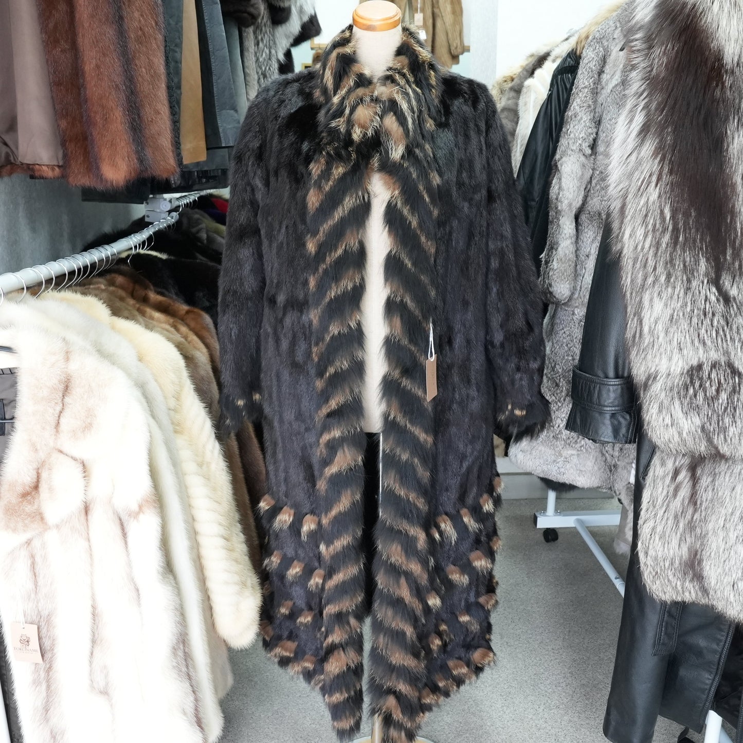 Dark mink and Raccoon dog Fur Long Coat - Genuine Vintage Fur From Japan