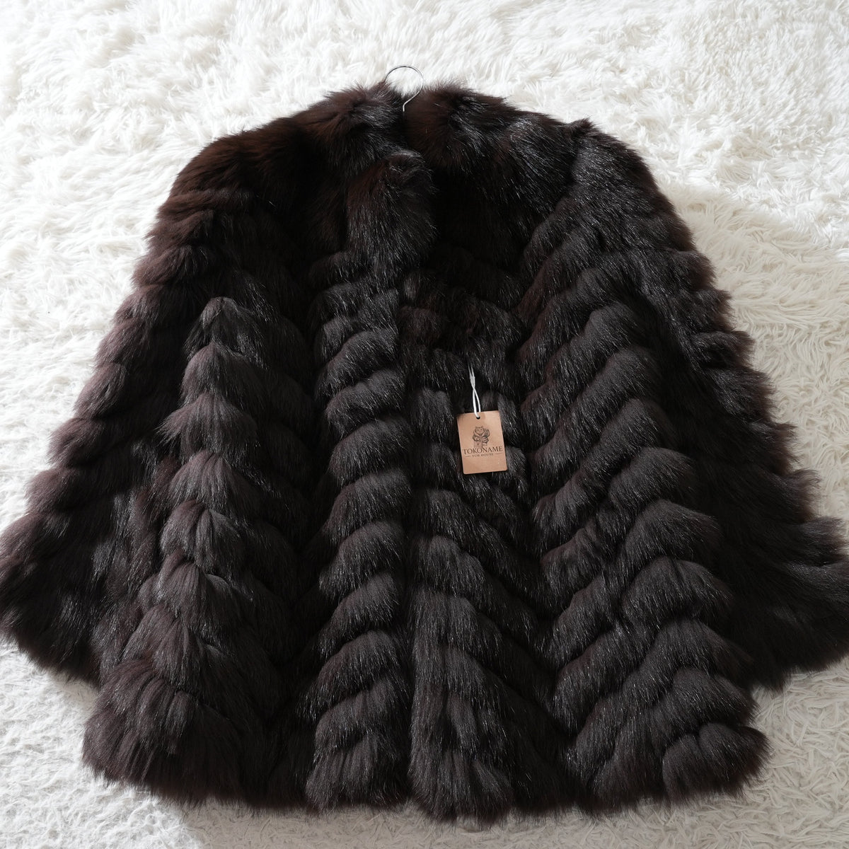 Dark Brown Dyed chevron Design Fox Fur Coat - Genuine Vintage Fur From Japan