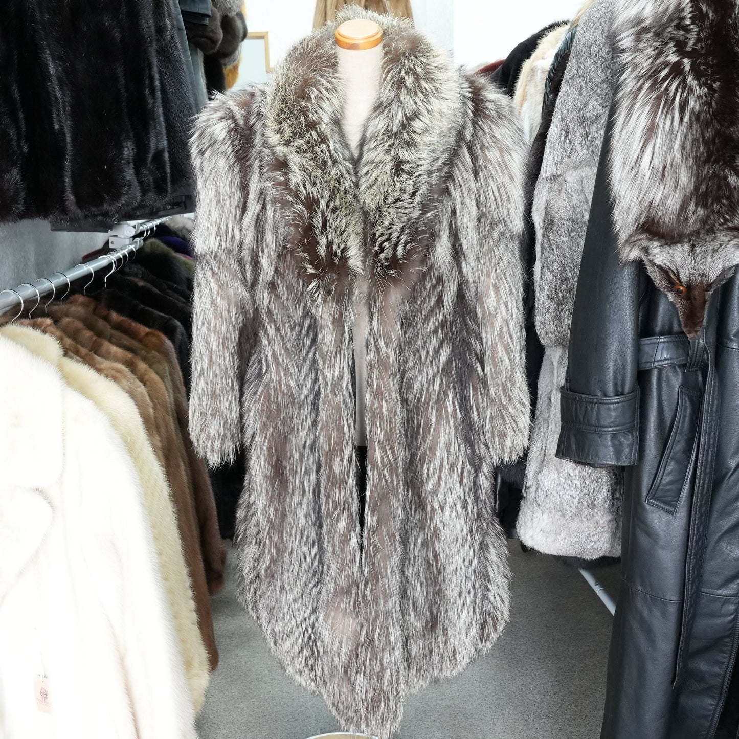 Silver Fox Fur Long Coat - Genuine Vintage Fur From Japan