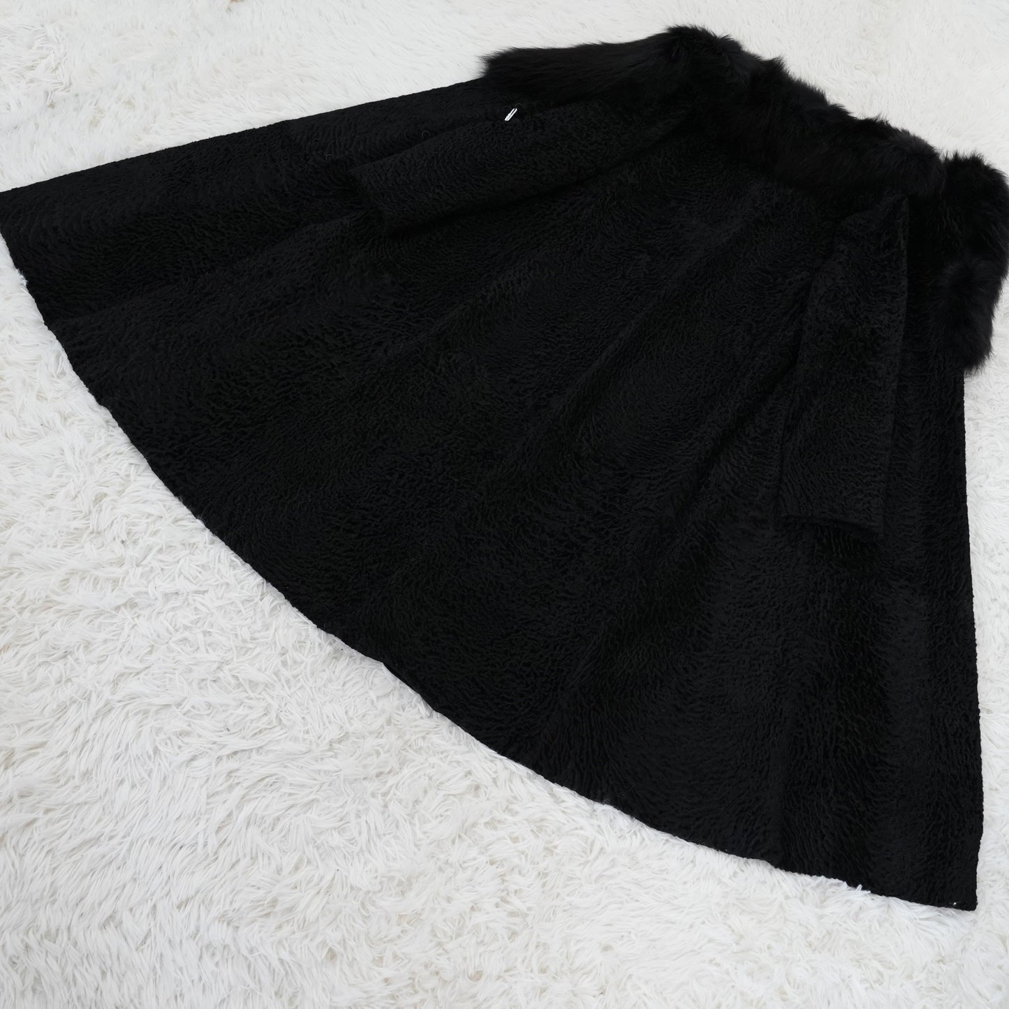 Astrakhan Fox Fur Trim Long Coat Genuine Vintage Fur Japan
