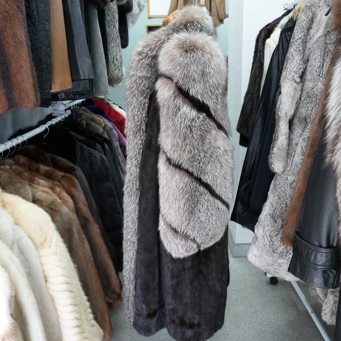 Dark Mink and Silver Fox Design Long Coat SAGA - Genuine Vintage Fur From Japan