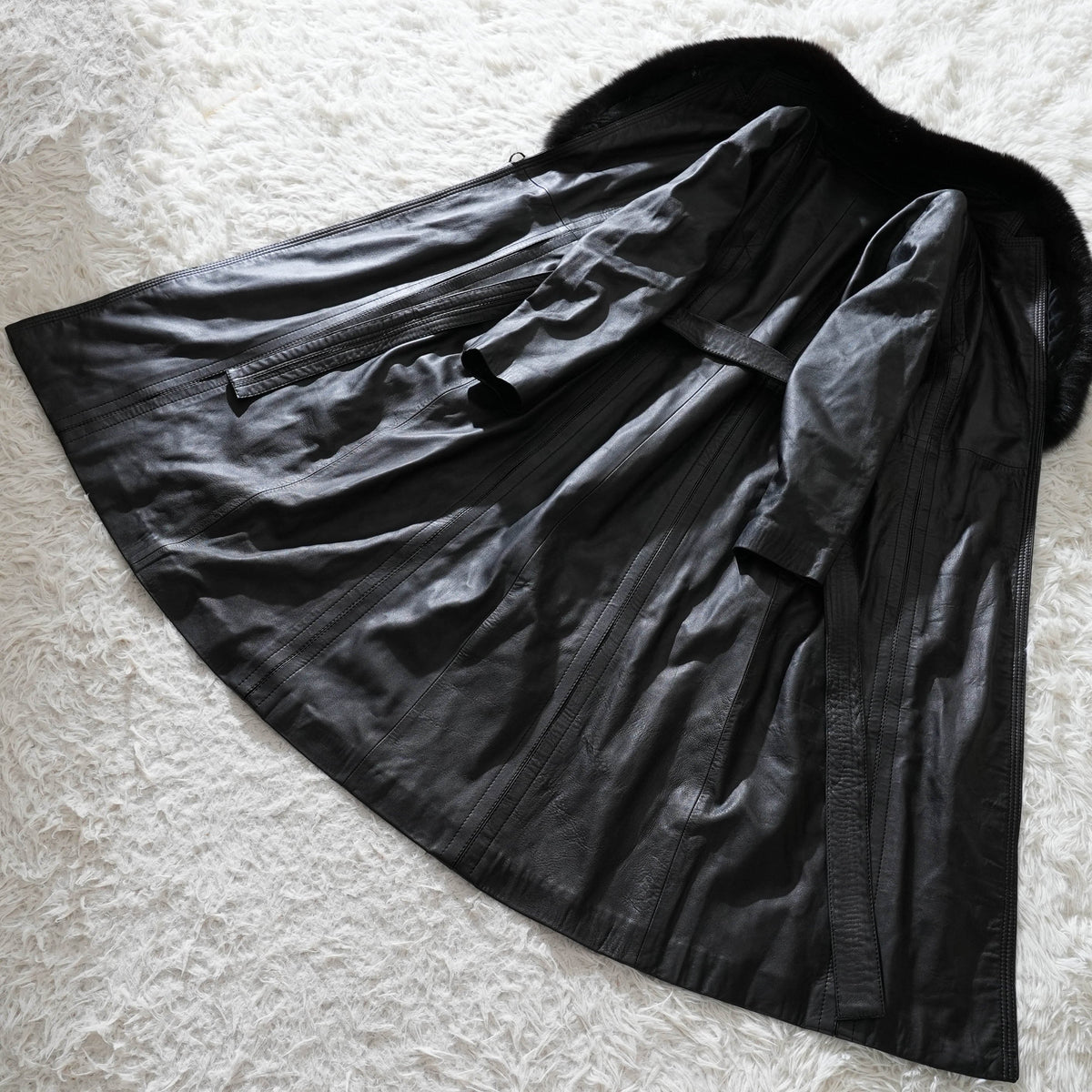 Y2K Fox Fur Trim Leather Long Coat - Genuine Vintage Leather From Japan