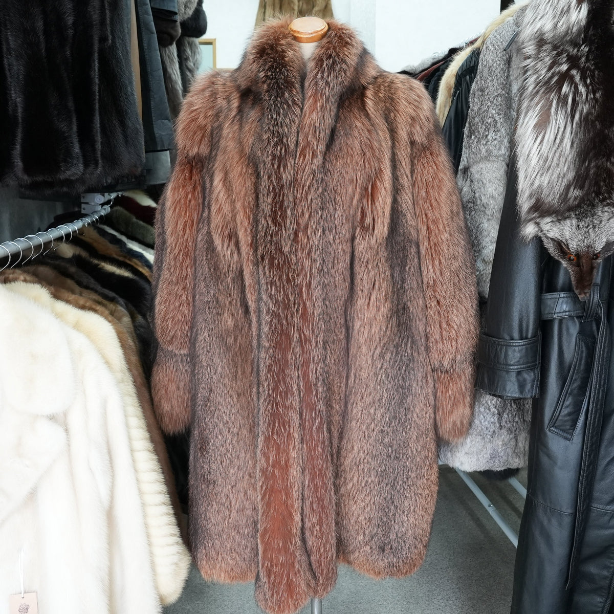 Reddish Brown Cross Dyed Fox Fur Long Coat Soft and Fluffy - Genuine Vintage Fur From Japan