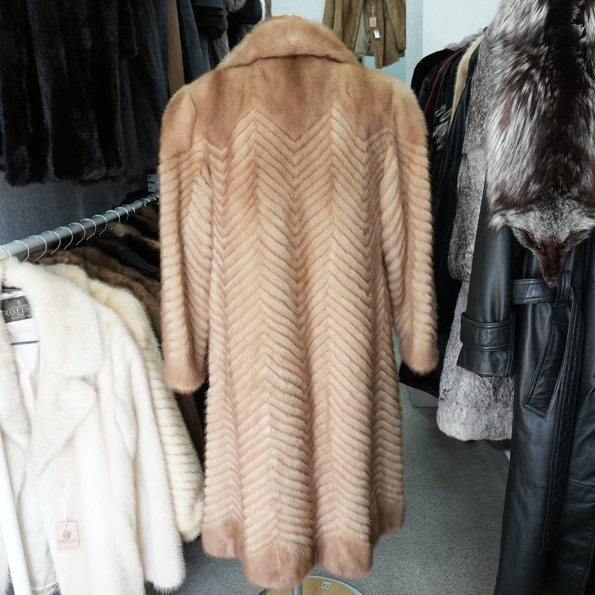 Pastel Mink Fur Long Coat Chevron - Genuine Vintage Fur From Japan