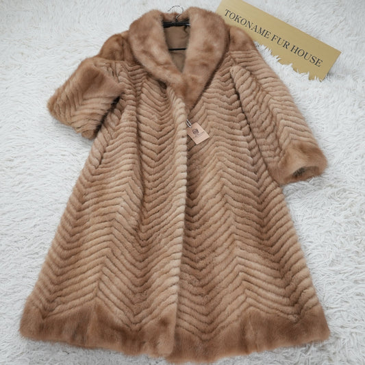 Pastel Mink Fur Long Coat Chevron - Genuine Vintage Fur From Japan
