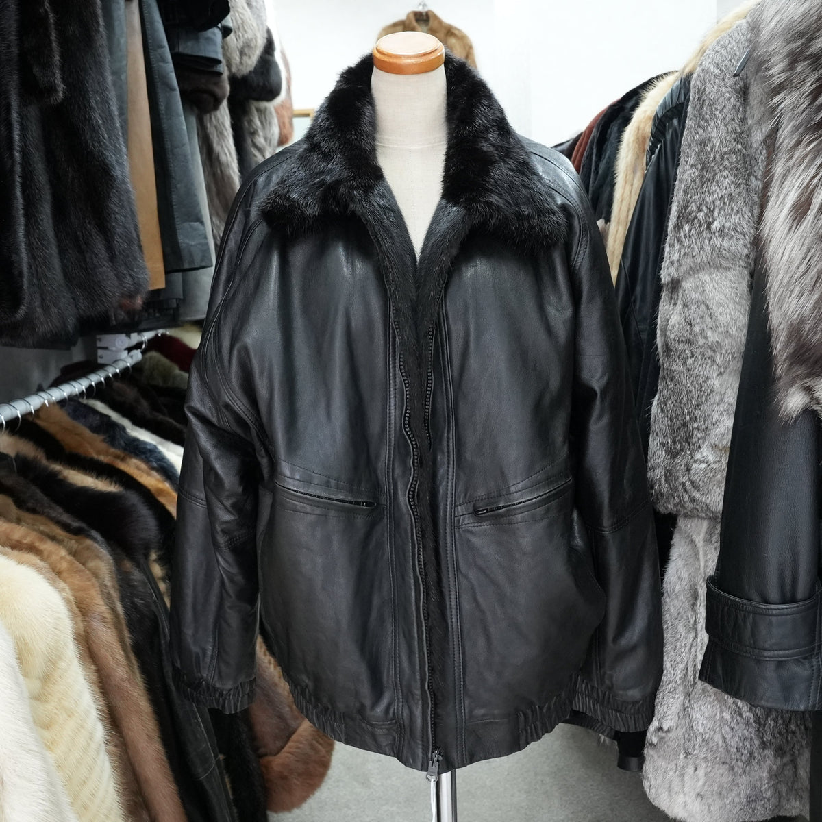 Men Mink and Leather Reversible Zip up Bomber Jacket - Genuine Vintage Fur From Japan