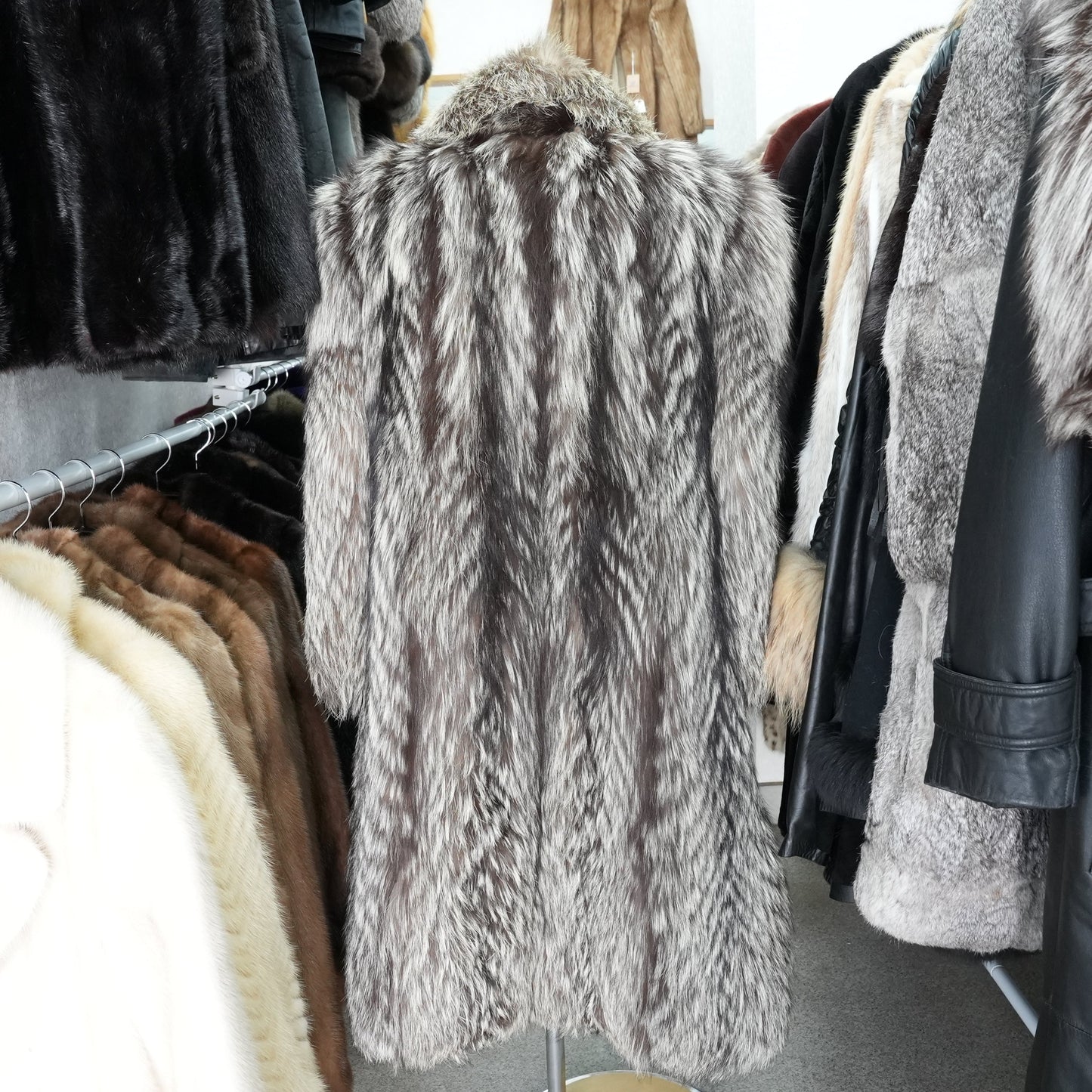 Silver Fox Fur Long Coat - Genuine Vintage Fur From Japan