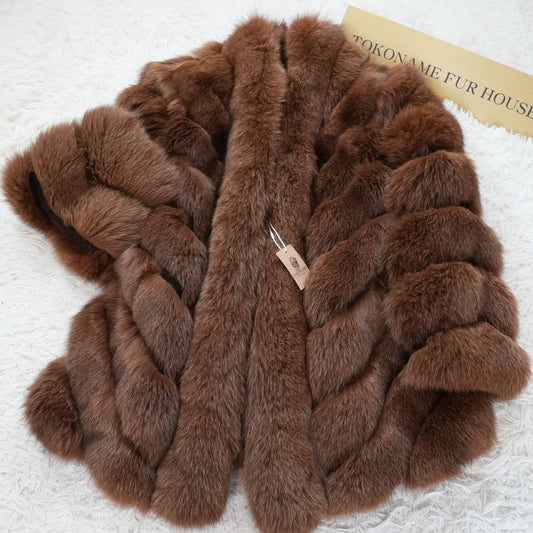 Brown Dyed Fox Fur Design Coat - Genuine Vintage Fur From Japan