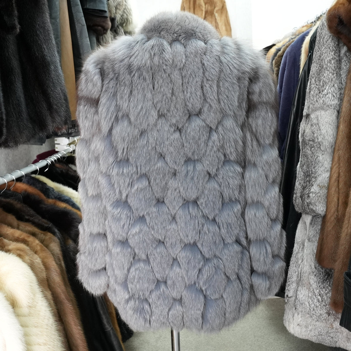 Ash Blue Dyed Fox Fur Design Coat - Genuine Vintage Fur From Japan