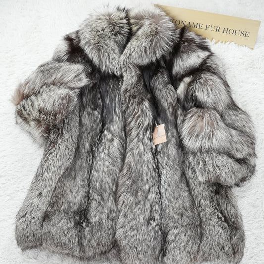 SAGA ROYAL Fox Fur Semi Long Coat Silver Fox Soft and Fluffy - Genuine Vintage Fur From Japan