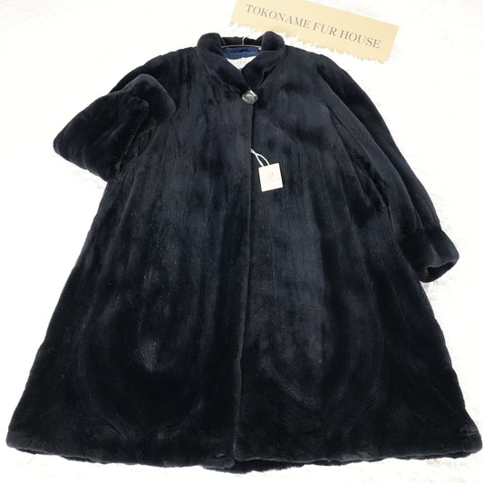 Dark Blue Shaved Mink Hem Pattern SAGA MINK - Genuine Vintage Fur From Japan
