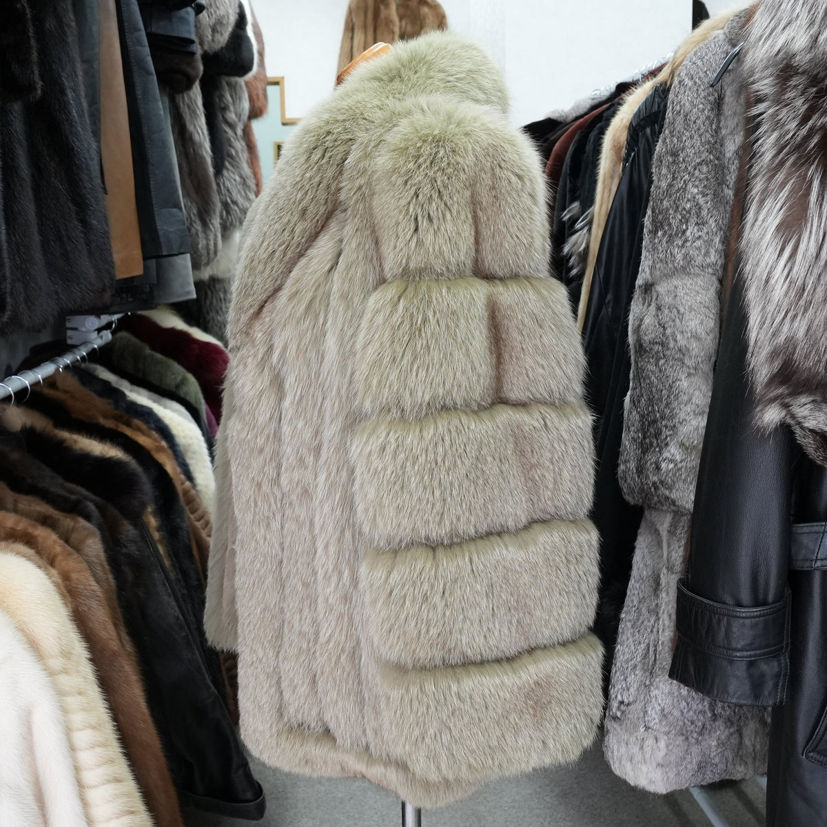 Muted Green Dyed Fox Coat - Genuine Vintage Fur From Japan