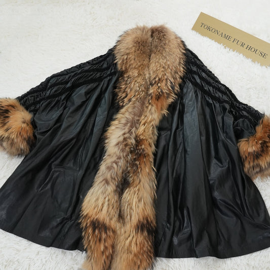 Lamb Leather Raccoon Fur Trim Dolman Sleeve Coat Gorgeous Vintage Fur Japan