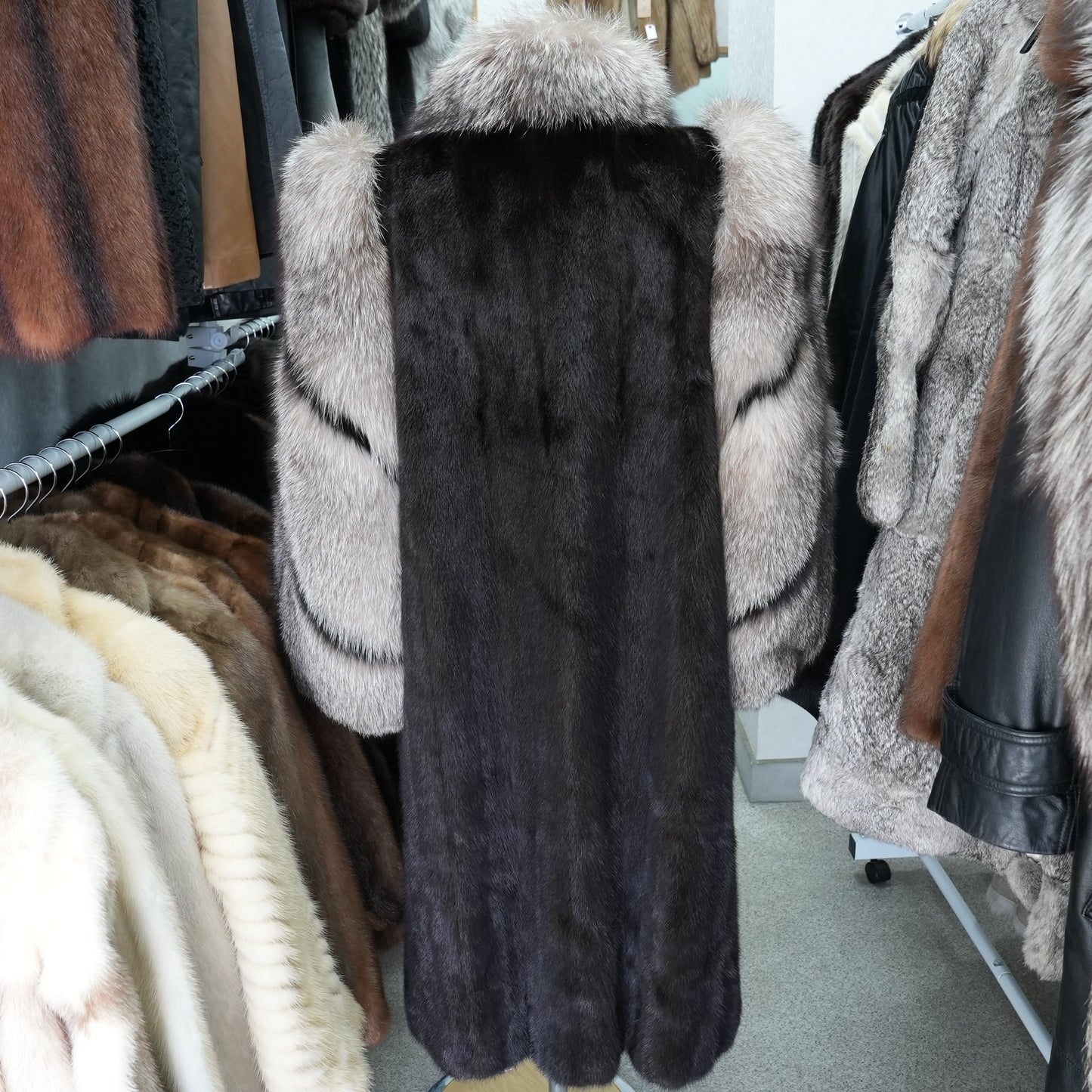 Dark Mink and Silver Fox Design Long Coat SAGA - Genuine Vintage Fur From Japan