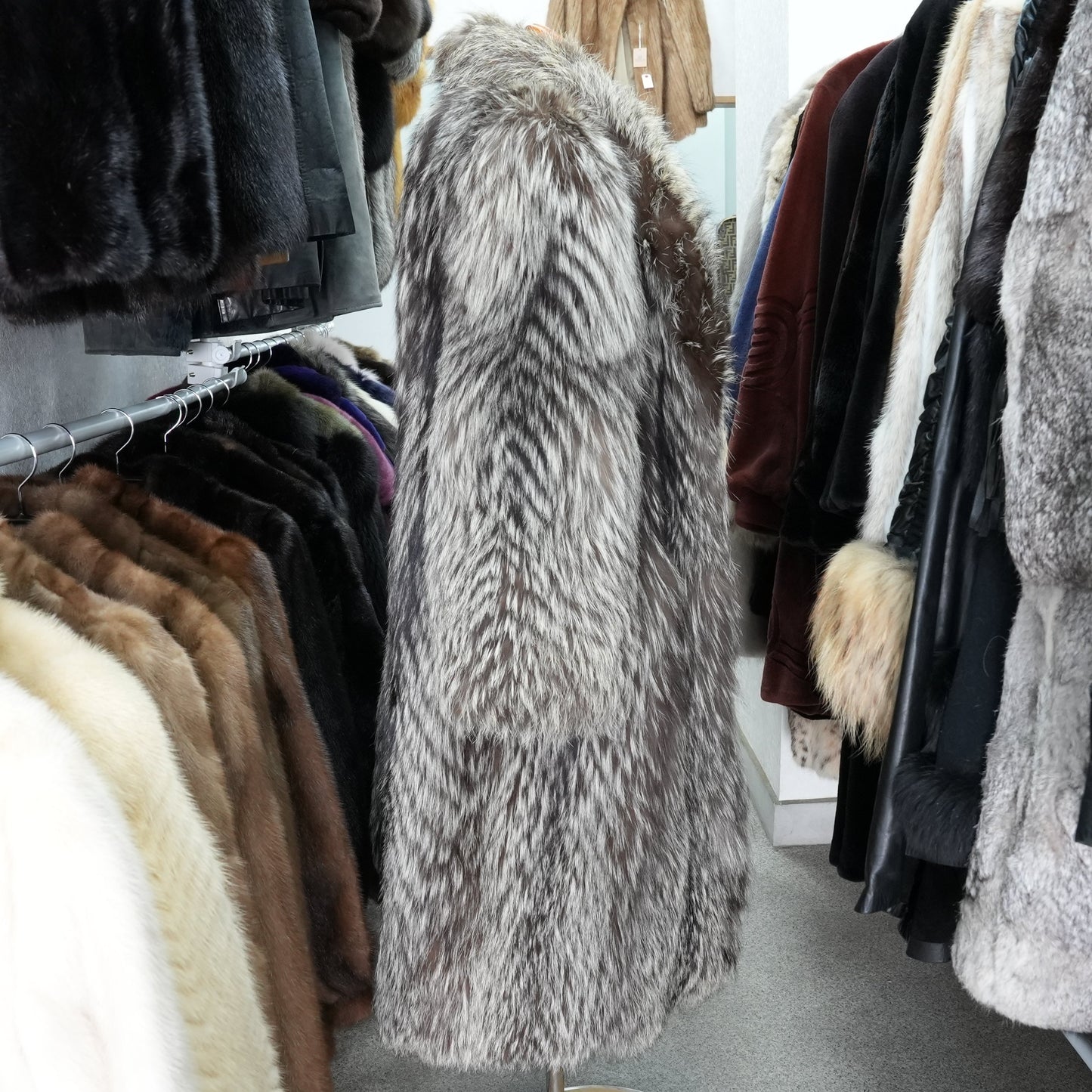 Silver Fox Fur Long Coat - Genuine Vintage Fur From Japan