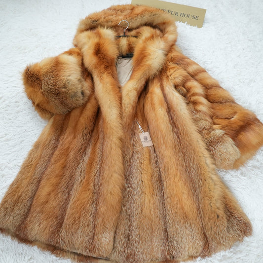 Red Fox Hoodie Long Coat - Genuine Vintage Fur From Japan