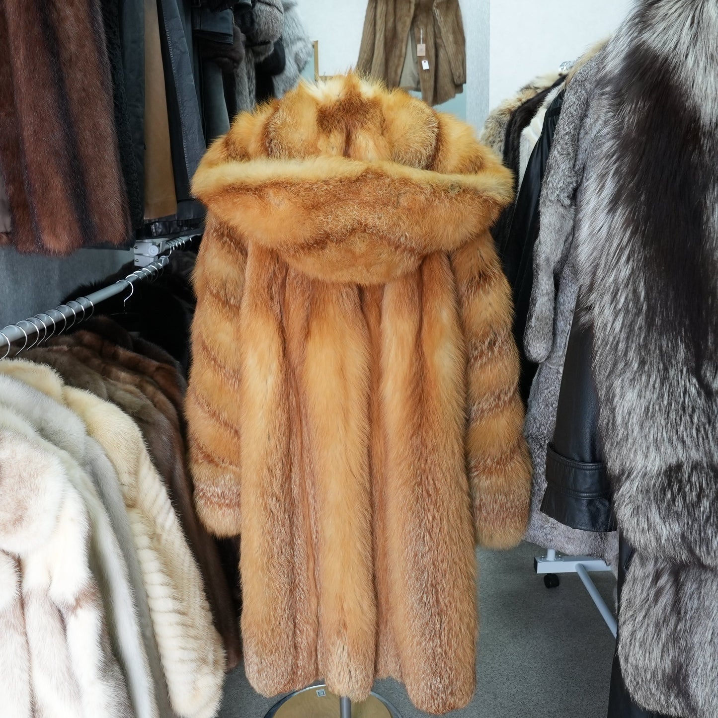 Red Fox Hoodie Long Coat - Genuine Vintage Fur From Japan