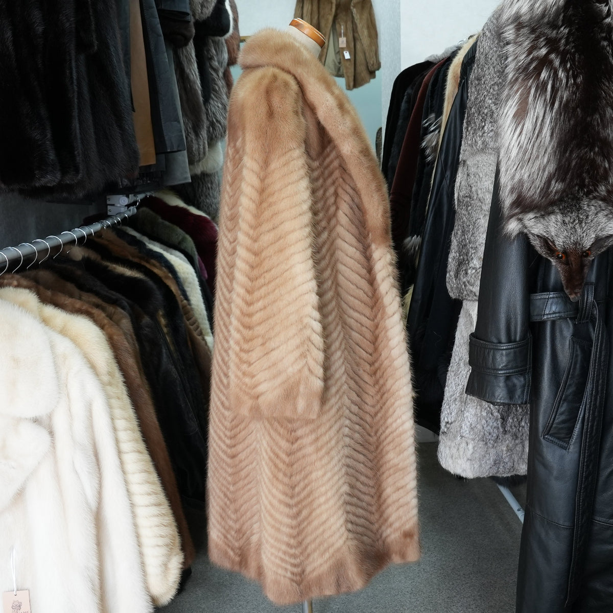 Pastel Mink Fur Long Coat Chevron - Genuine Vintage Fur From Japan