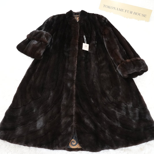 BLACKGLAMA Patterned Hem Mink Fur Long Coat Soft Leather Roll up Sleeve - Vintage Fur Japan