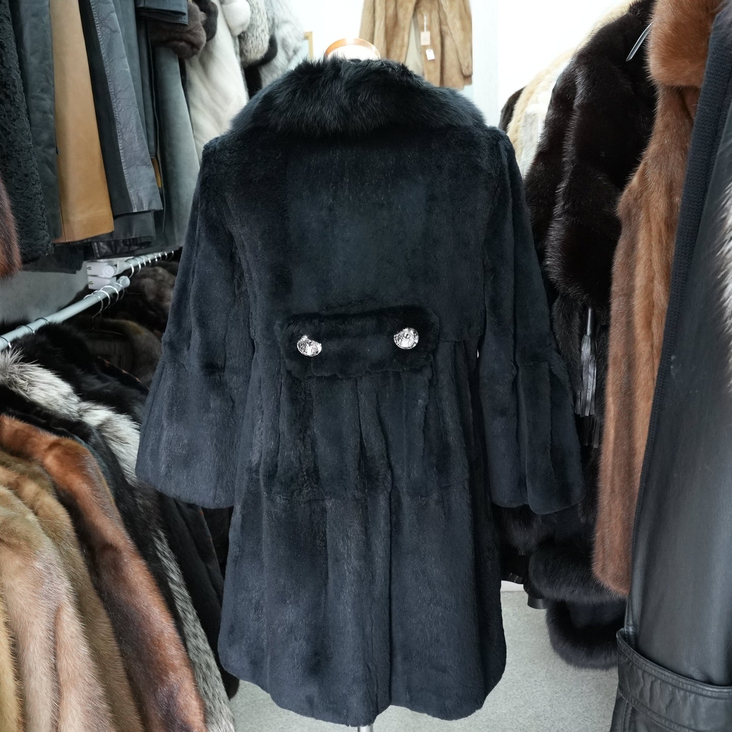 Rex rabbit Black Dyed Coat - Genuine Vintage Fur From Japan