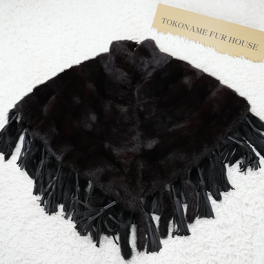 Dark Minn Cape with a tail SAGA MINK - Genuine Vintage Fur From Japan
