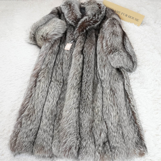 Floor length Silver Fox Very Long Coat  CC logo - Genuine Vintage Fur From Japan