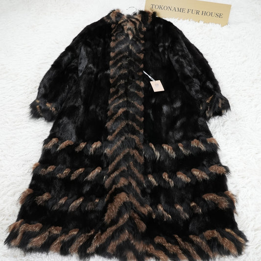 Dark mink and Raccoon dog Fur Long Coat - Genuine Vintage Fur From Japan