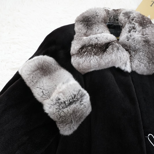 Chinchilla Trim Shaved Mink Fur Coat Yuki Belle Femme - Genuine Vintage Fur From Japan