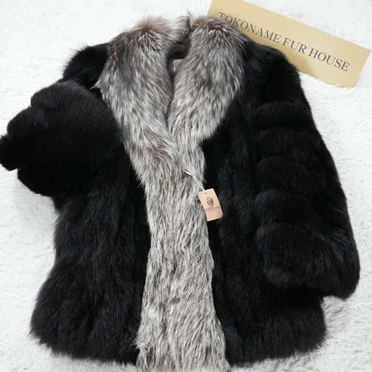 Black Dyed Fox and Silver Fox Trim SAGA FOX- Genuine Vintage Fur From Japan
