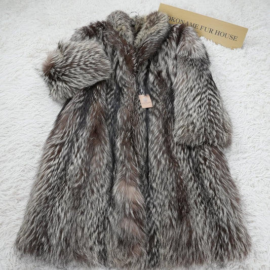 Silver Fox Fur Long Coat - Genuine Vintage Fur From Japan