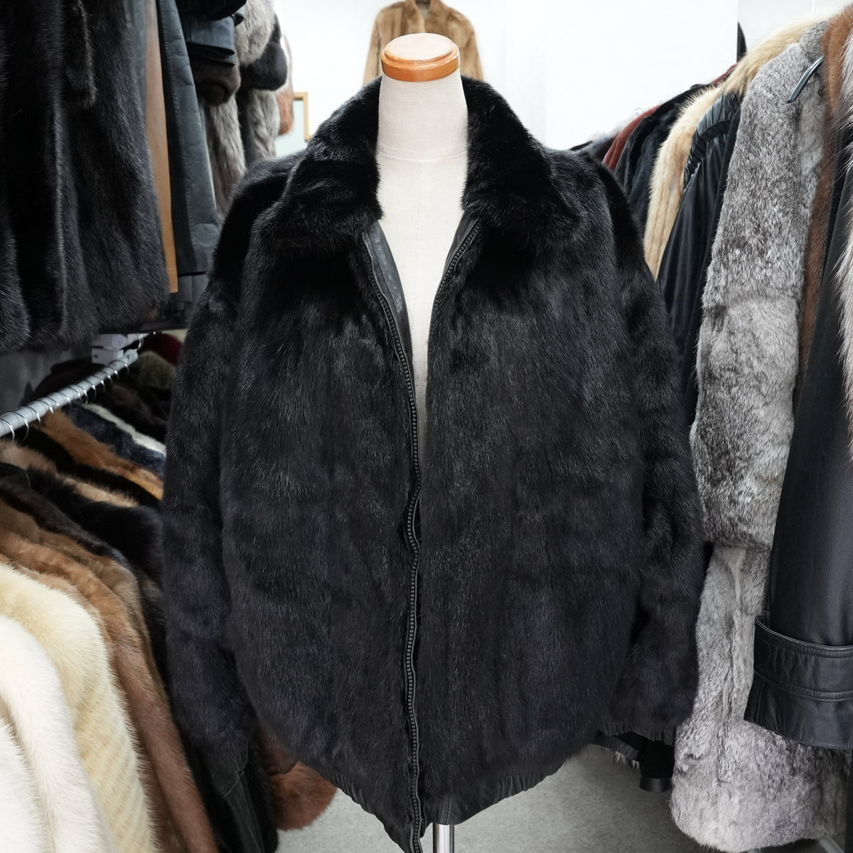 Men Mink and Leather Reversible Zip up Bomber Jacket - Genuine Vintage Fur From Japan