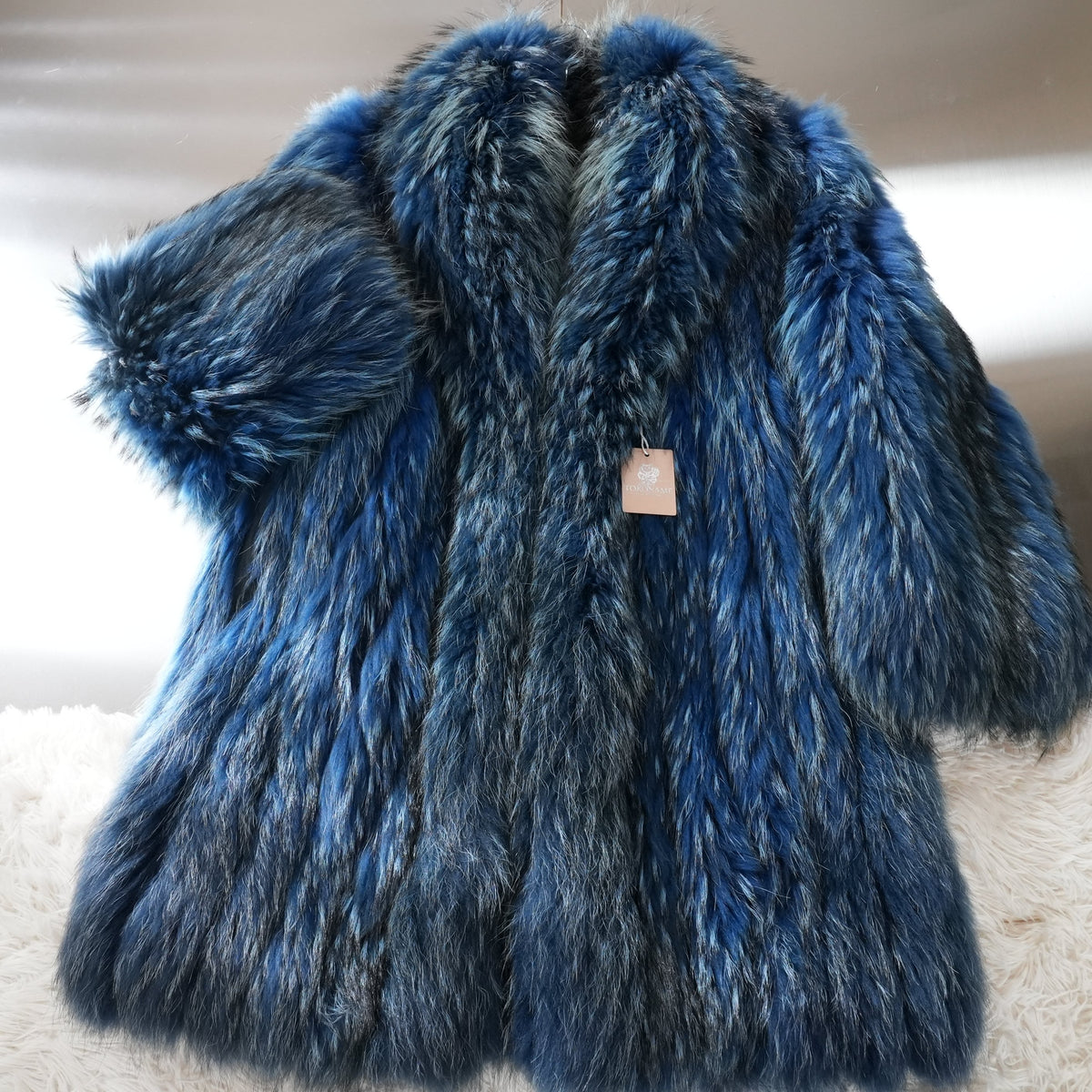 Blue Dyed Fox Fur semi Long Coat smooth - Genuine Vintage Fur From Japan