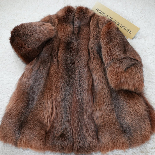 Reddish Brown Cross Dyed Fox Fur Long Coat Soft and Fluffy - Genuine Vintage Fur From Japan