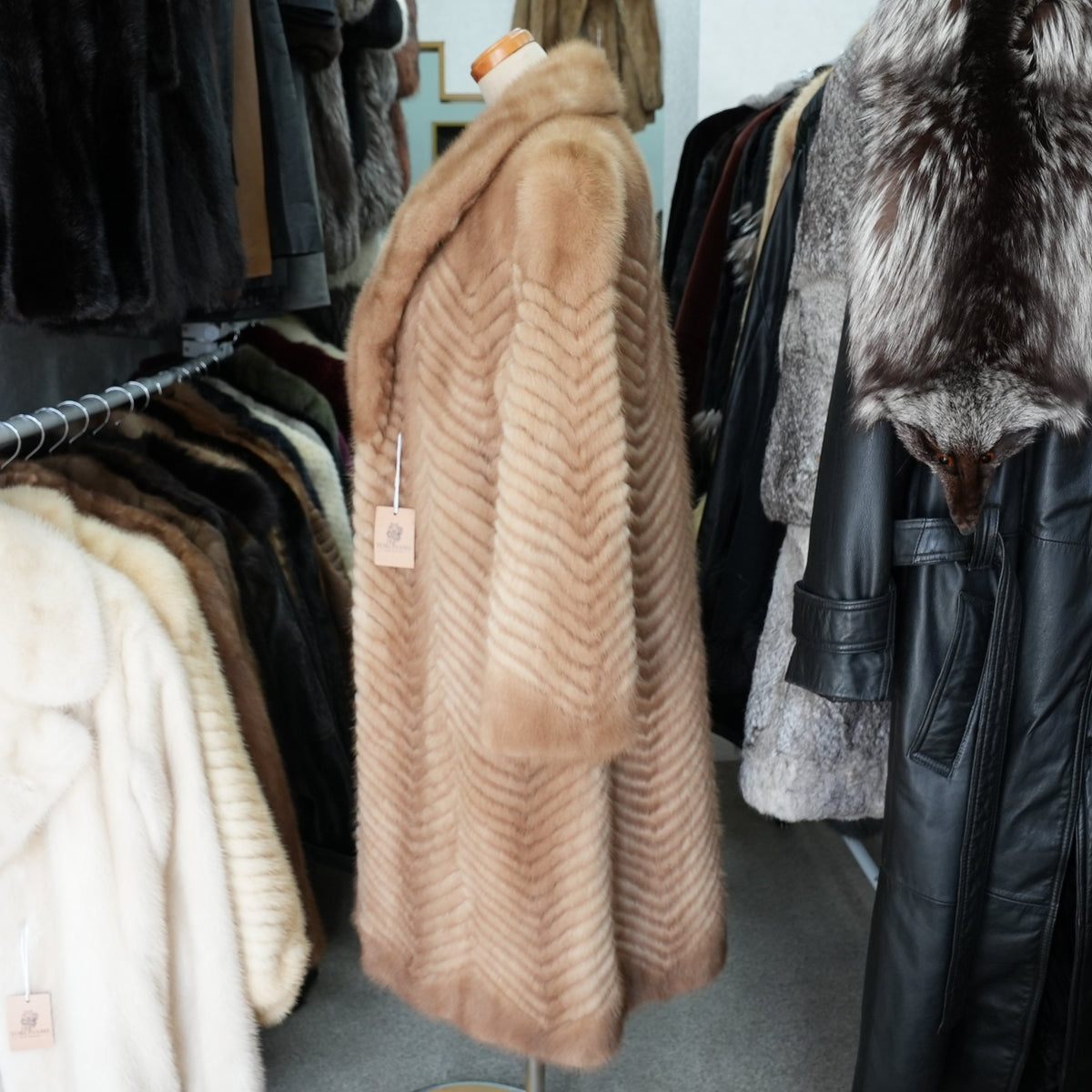 Pastel Mink Fur Long Coat Chevron - Genuine Vintage Fur From Japan